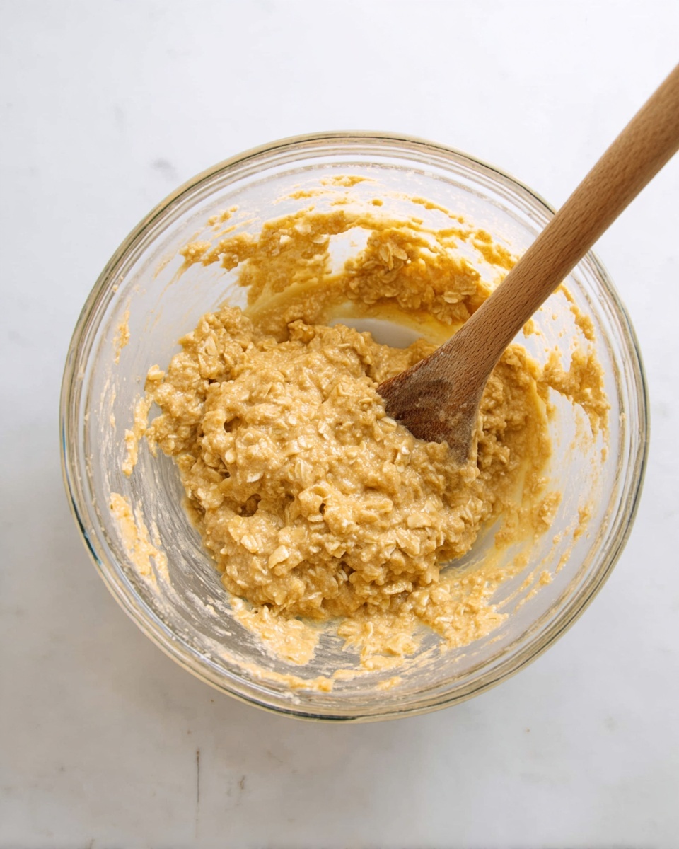 A clear glass bowl sits on a white marbled surface, filled with a chunky, light golden batter made of oats and a wet ingredient, giving it a thick, sticky texture. A wooden spoon with a long handle is partially dipped in the batter on the right side, showing some residue on its side. The bowl's inner sides have batter smears, and the overall lighting is bright and natural. photo taken with an iphone --ar 4:5 --v 7