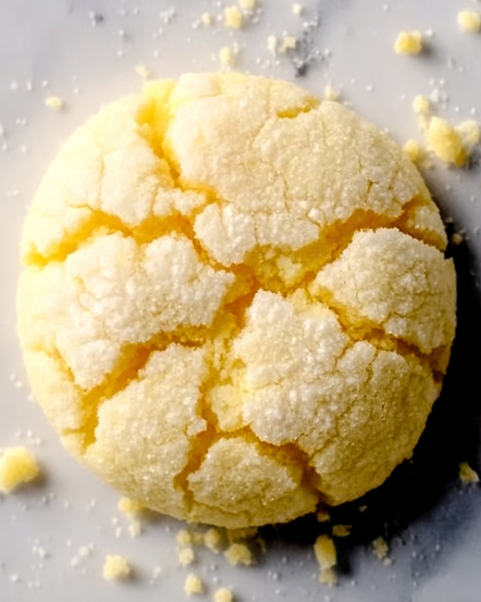 The image shows a close-up of a single round cookie with a cracked surface. The cookie is pale yellow with light brown cracks that run irregularly across the top. It has a soft, textured look with small crumbs scattered around it on a white marbled surface, creating a contrast with the cookie’s color. The cookie’s edges are slightly rounded and smooth, giving it a fresh baked appearance. photo taken with an iphone --ar 4:5 --v 7