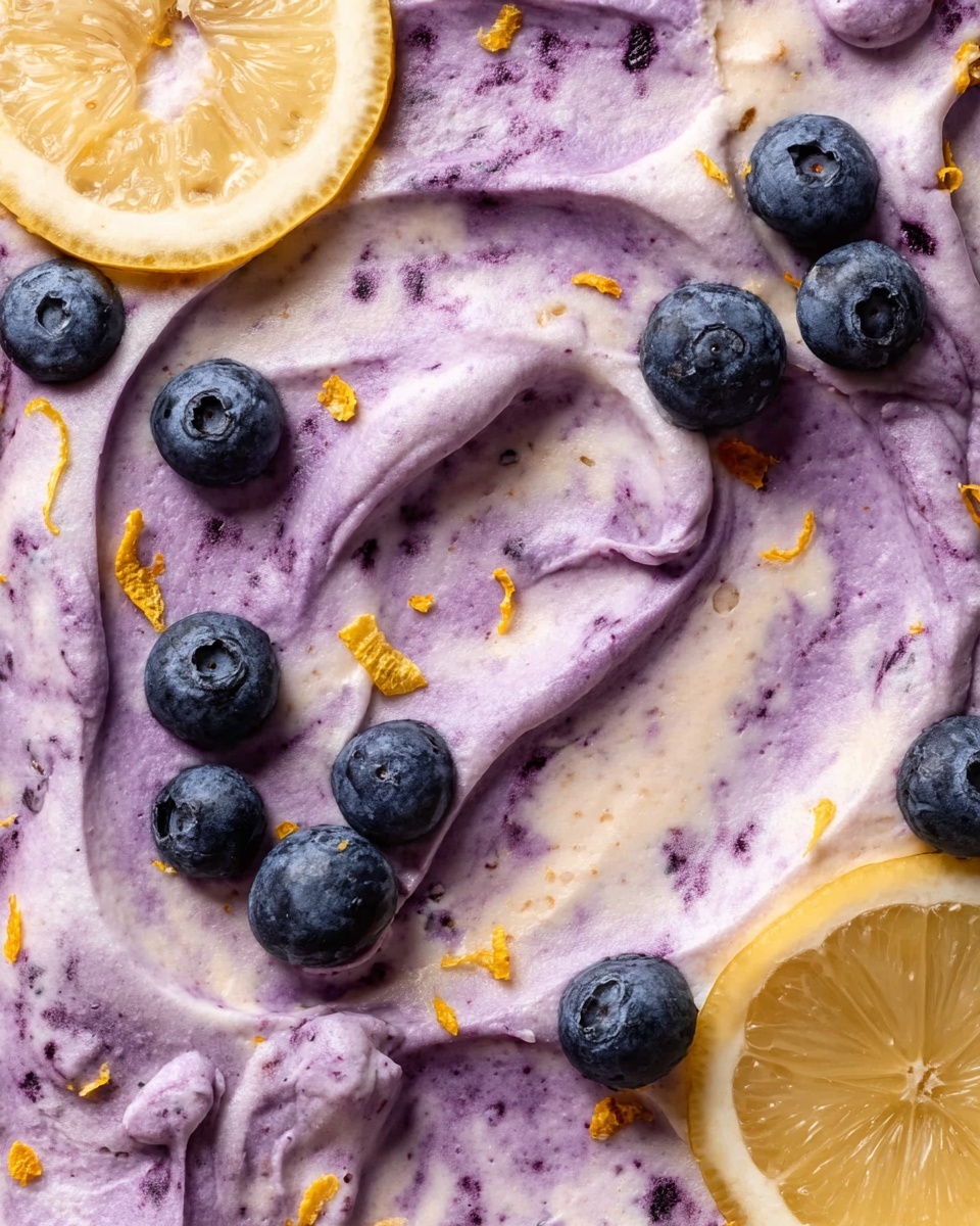 A piece of light yellow cake with a fluffy texture sits on a white plate with delicate patterns. The cake is topped with a thick layer of purple blueberry glaze that looks creamy and swirled, melting slightly down the sides. Inside the cake, a deep purple blueberry filling oozes out along the bottom layer, adding a rich, moist look. In the background, there is a whole yellow lemon and a lemon half, along with a white bowl filled with dark blueberries, all against a white marbled surface. A few blueberries and lemon wedges are casually placed near the plate. Photo taken with an iphone --ar 4:5 --v 7