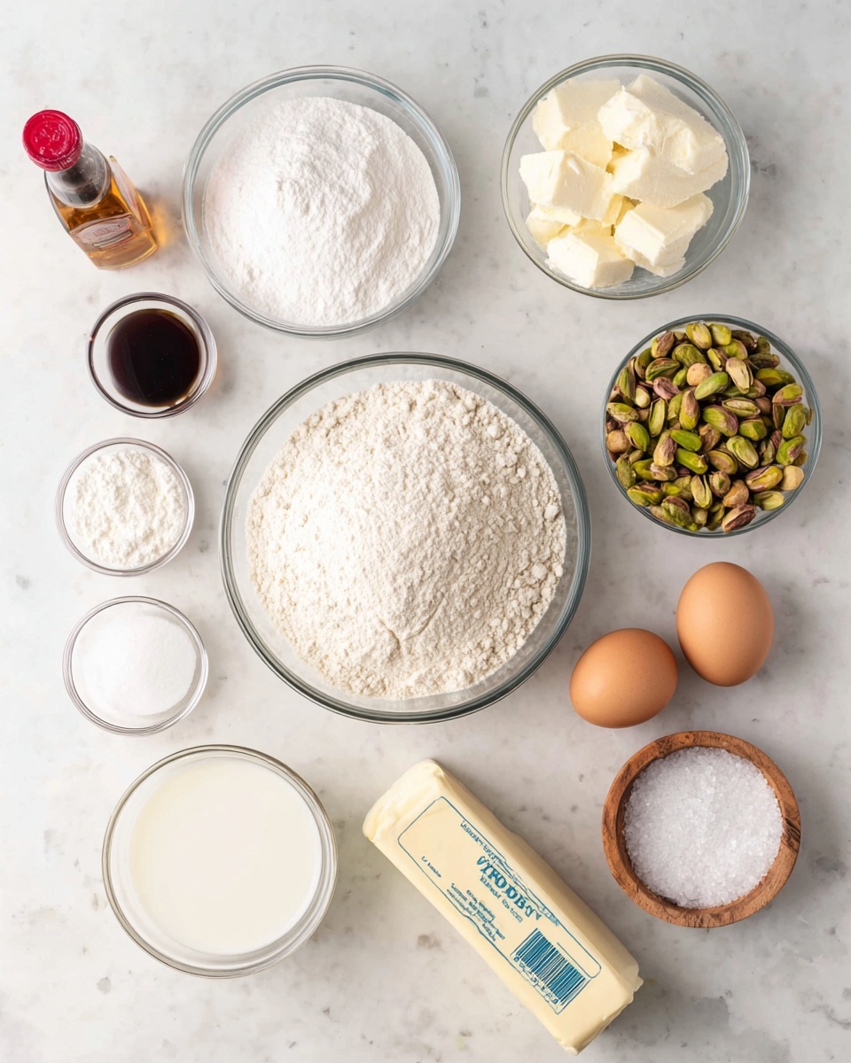 A white marbled surface holds a clear glass bowl filled with fine white flour in the front center. To its left, a small bottle with a red cap contains dark liquid, and above it, two small glass bowls hold white powders, one a bit finer than the other. Above them to the left are larger clear glass bowls with white granulated sugar and creamy white milk. On the right side of the flour bowl, two brown eggs rest on the surface near a small round white bowl, filled with white granular salt in a wooden container. Above these is a glass bowl of greenish-yellow pistachio nuts and to its left, a clear glass bowl with smooth white cream. A stick of pale yellow butter with blue writing lies flat beside the eggs and nuts. The scene is bright and clean with all elements neatly spaced out. photo taken with an iphone --ar 4:5 --v 7