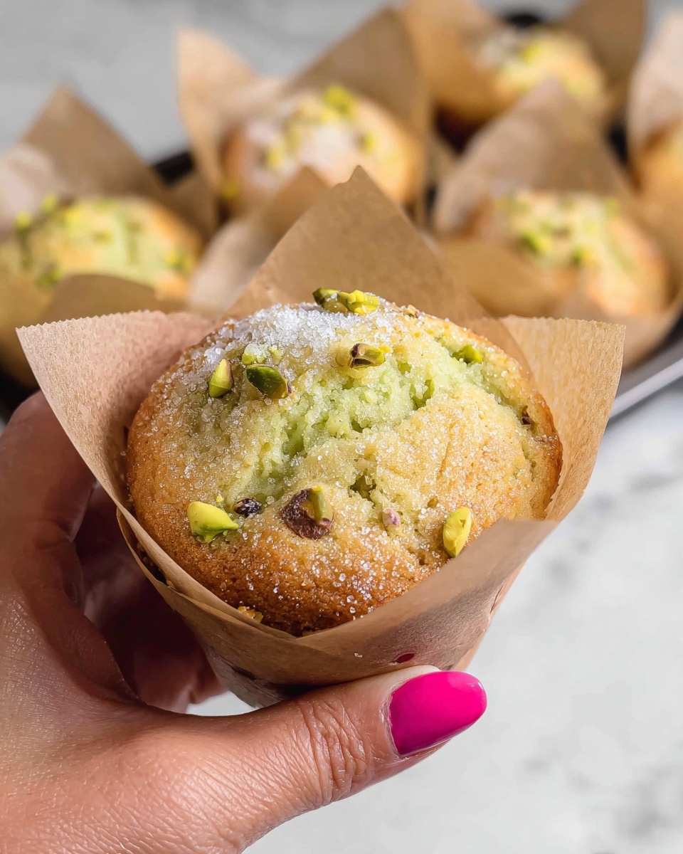 A close-up of a golden brown muffin held by a woman's hand with pink painted nails, wrapped in light brown parchment paper. The muffin top is sprinkled with granulated sugar and small pieces of chopped green pistachios. The muffin's inside shows a soft light green layer peeking through a slightly cracked surface. In the background are more muffins wrapped in the same parchment paper, all placed on a white marbled surface. photo taken with an iphone --ar 4:5 --v 7