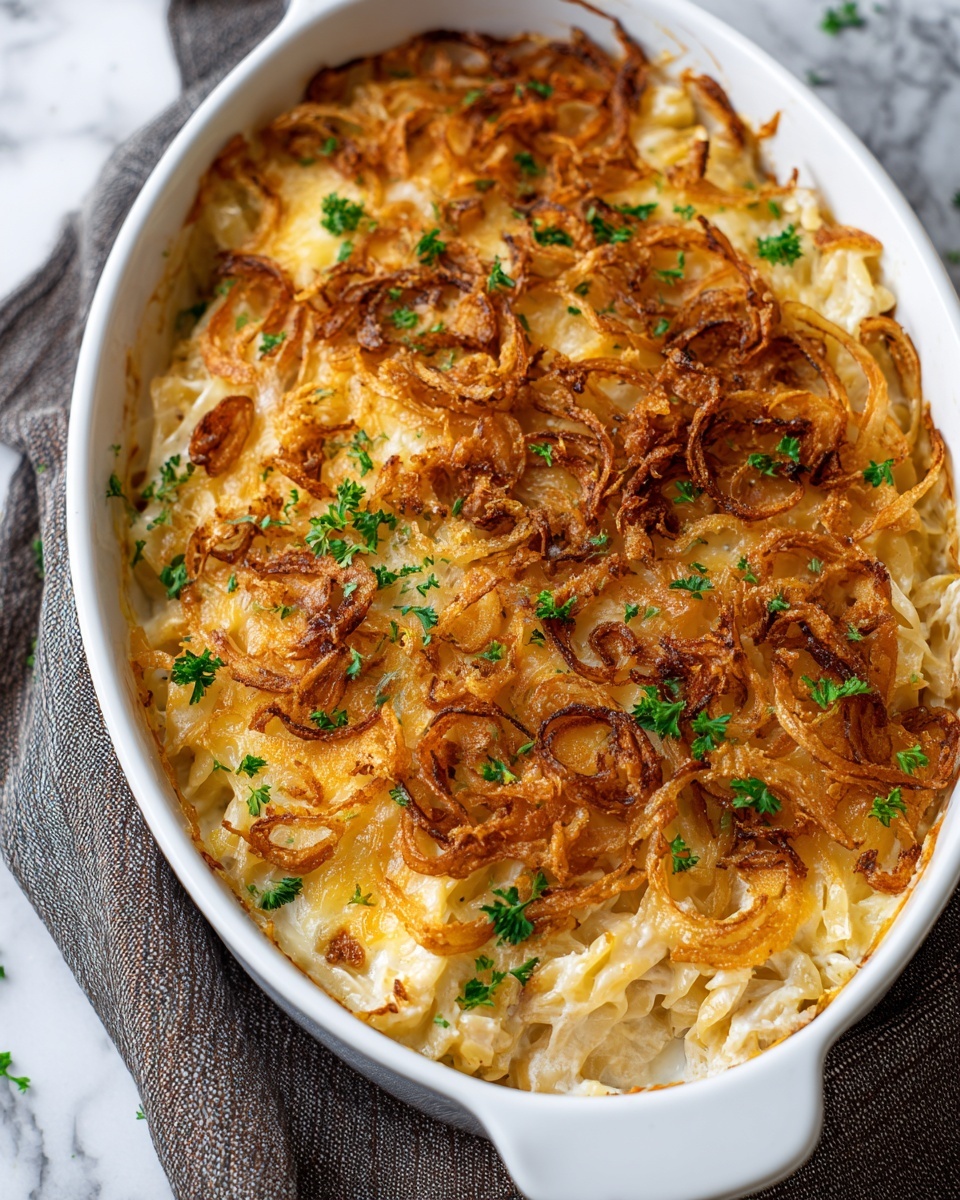 The image shows a white oval baking dish filled with a baked layered dish. The bottom layer is soft, pale pasta mixed with a creamy sauce, next is a thick layer of melted light yellow cheese that is creamy and smooth, topped with thin, crispy golden brown fried onion rings scattered unevenly across the surface. Small sprigs of fresh green parsley are sprinkled over the top, adding a touch of color. The dish rests on a white marbled surface with a textured gray cloth nearby. Photo taken with an iphone --ar 4:5 --v 7