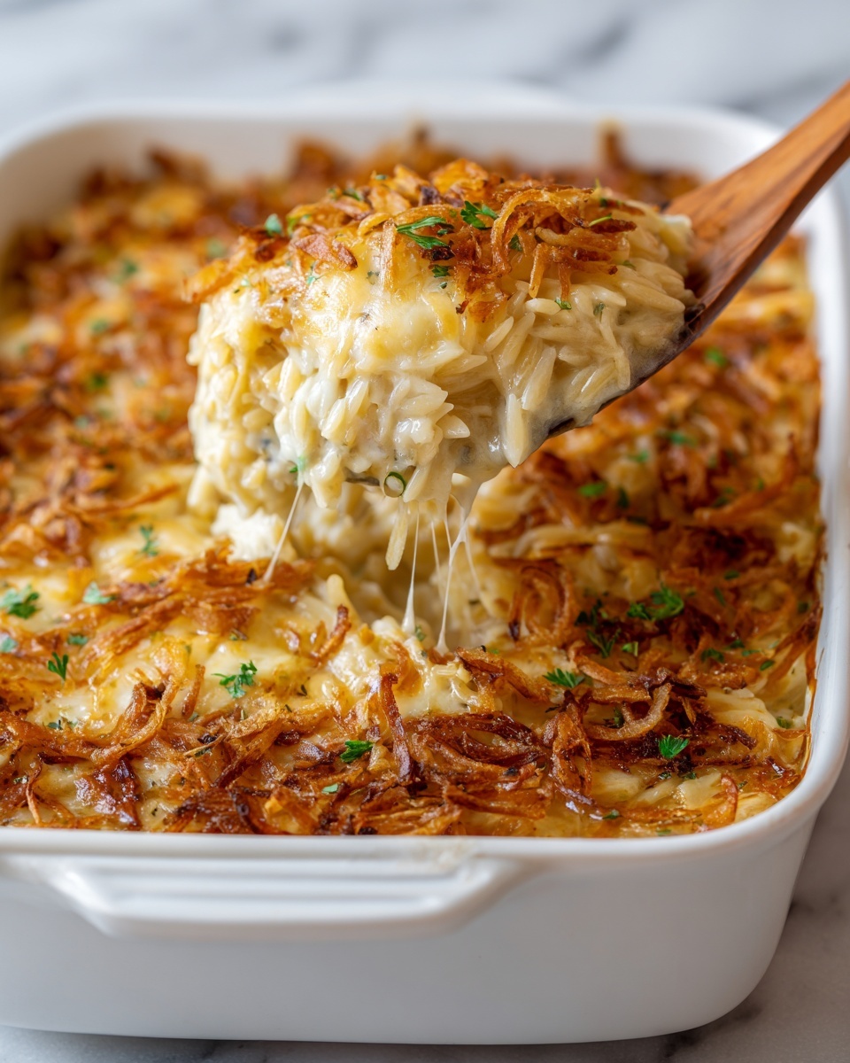 A white baking dish filled with a layered casserole. The bottom layer is creamy, light beige pasta, likely orzo, mixed with a smooth, creamy sauce. Above that, a golden layer of melted cheese with crispy, browned fried onions scattered over the top adds texture. Small bits of green herbs are sprinkled over the cheese and onions, adding a splash of color. A wooden spoon is lifting a portion from the dish, showing the gooey, stringy cheese and the layered ingredients inside. The dish is set on a white marbled surface. Photo taken with an iphone --ar 4:5 --v 7