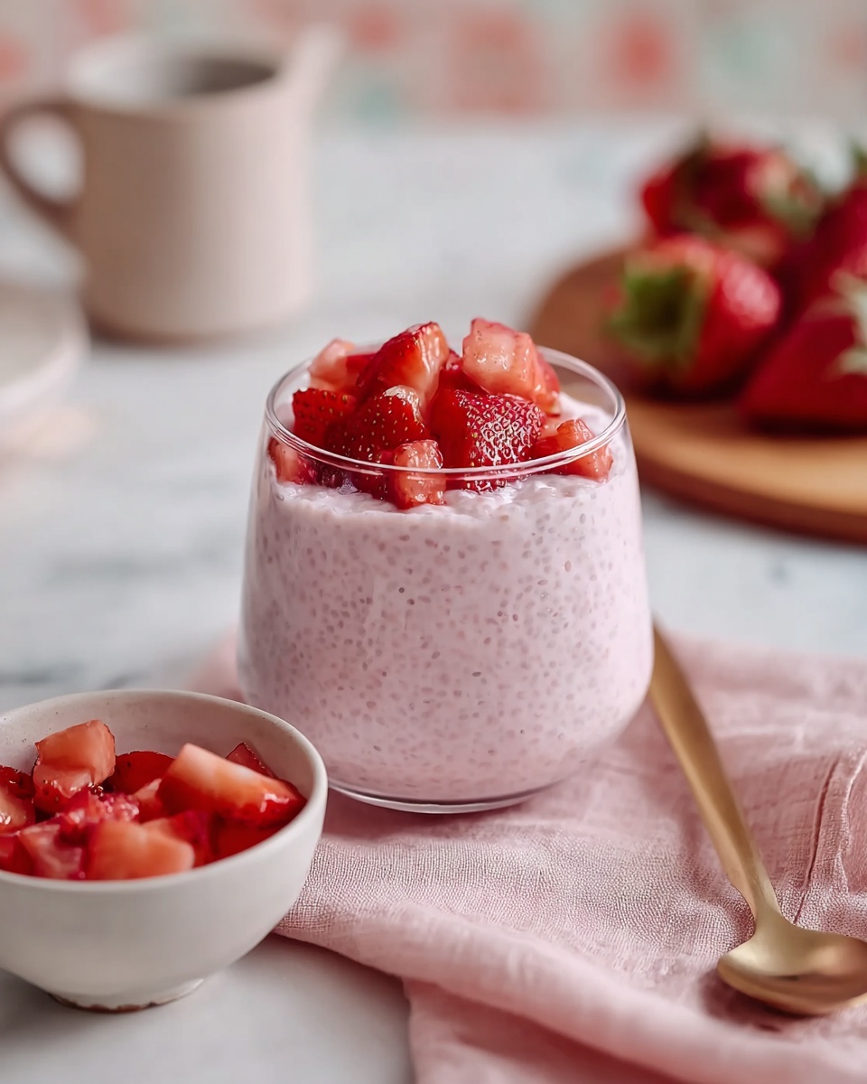 A clear round glass is filled with a light pink creamy pudding mixed with small chia seeds, showing a smooth and slightly bumpy texture. On top, there is a layer of bright red, chopped strawberries that add a fresh look with their juicy, glossy surface. In front of the glass, a small white bowl holds extra pieces of chopped strawberries. Next to the bowl, a soft pink cloth is laid out, resting under a gold spoon. The background has a white marbled texture with blurred elements including a white cup and a wooden board holding whole strawberries, giving a soft, cozy atmosphere. photo taken with an iphone --ar 4:5 --v 7