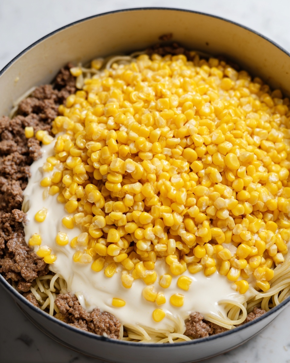 A close-up view of a deep white pot showing three visible layers of food inside. The bottom layer is cooked pasta with a pale yellow color and soft texture. The middle layer consists of browned ground meat, showing a crumbly, cooked texture in light brown shades. The top layer is a thick white sauce spread evenly over the meat, covered by a generous pile of bright yellow corn kernels that look fresh and shiny. The pot is placed on a white marbled surface. Photo taken with an iphone --ar 4:5 --v 7
