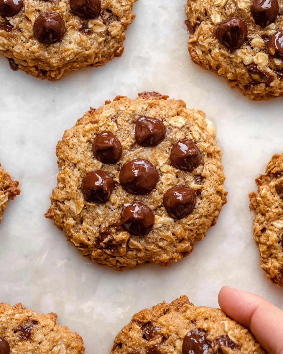 The image shows close-up views of several round oatmeal cookies topped with glossy dark brown chocolate chips. Each cookie has a golden-baked surface with visible oatmeal flakes and crisp edges. The chocolate chips are scattered mostly in the center, creating a contrast against the light brown cookie dough. The cookies rest on a white marbled surface that highlights their texture. One cookie is shown with a woman’s hand holding it gently from the side. The lighting is soft, giving the cookies a natural and fresh appearance photo taken with an iphone --ar 4:5 --v 7