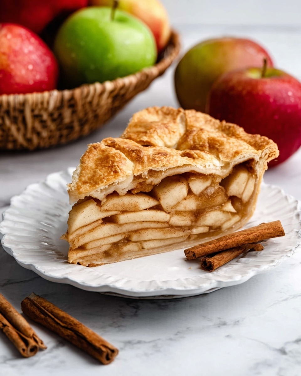 A slice of apple pie on a white scalloped-edged plate, showing three clear layers: a golden-brown top crust with a slightly puffy and crisp texture, beneath it a filling of thinly sliced light tan apples stacked tightly, and a thick pale crust at the bottom. The plate sits on a white marbled surface. Around the plate, red and green apples are placed, alongside a woven basket filled with apples and two cinnamon sticks near the front edge. Photo taken with an iphone --ar 4:5 --v 7