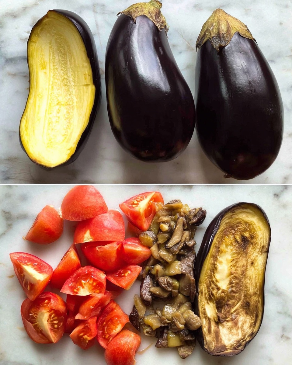 The image shows two stages of vegetable preparation on a white marbled surface. In the top part, two whole eggplants are placed side by side; one eggplant is dark purple with smooth, shiny skin, and the other is partially peeled revealing a pale yellow inner flesh with some dark purple skin still attached. In the bottom part, there are several tomato pieces cut in halves showing their bright red juicy interior, along with chopped cooked eggplant pieces that are brownish with a soft texture. Beside the chopped eggplant lies a sliced eggplant showing seeds and a soft, cooked interior with a mix of brown and pale colors. Photo taken with an iphone --ar 4:5 --v 7