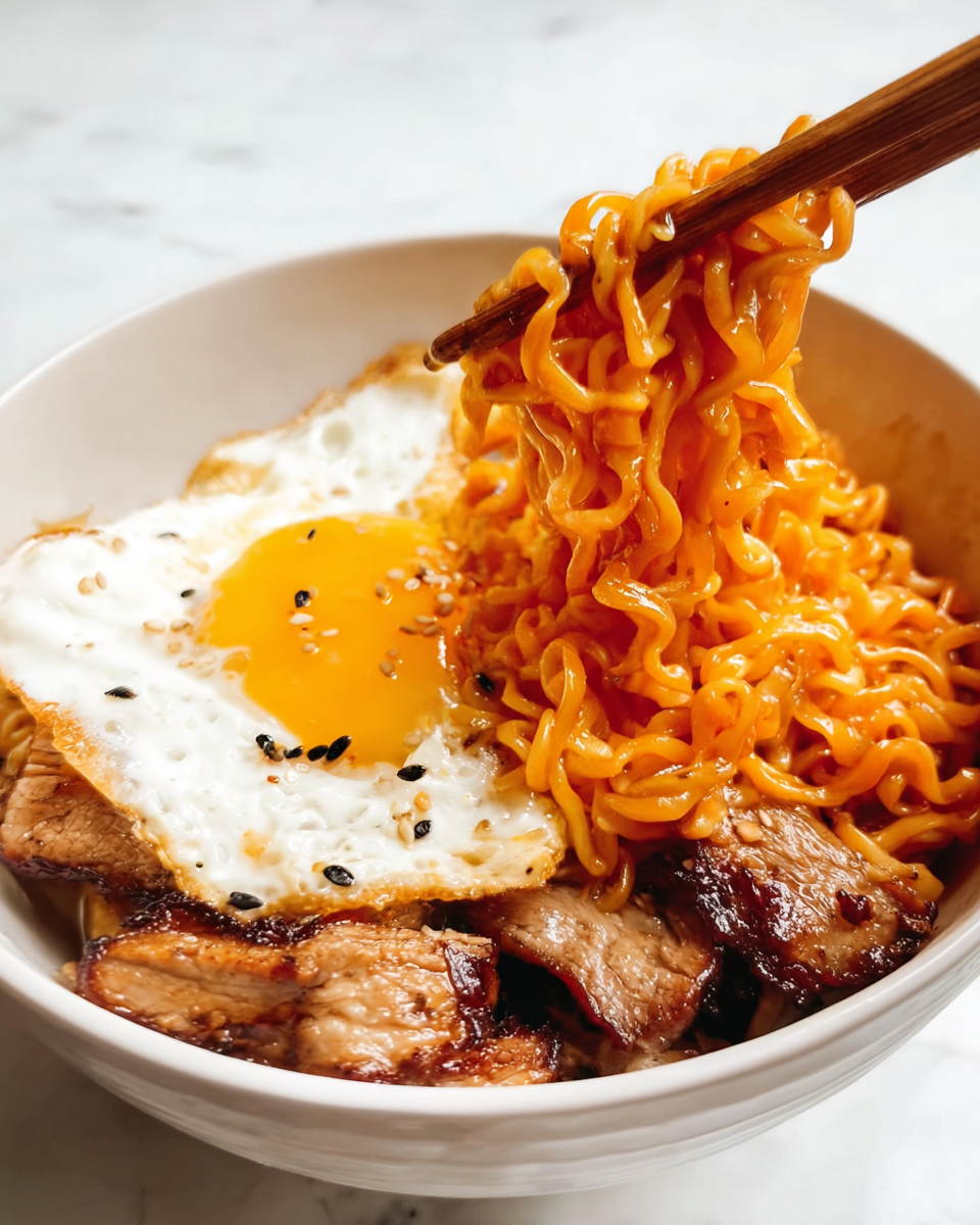 A close-up of a white bowl filled with three main layers: at the bottom, pieces of cooked golden-brown grilled meat with a slightly crispy texture; above them, a sunny side up egg with a bright yellow yolk and white edges scattered with black seeds; and on top, thick orange noodles coated in sauce, lifted by wooden chopsticks from the right side, with some tiny black seeds on the noodles. The bowl is set on a white marbled surface. Photo taken with an iphone --ar 4:5 --v 7