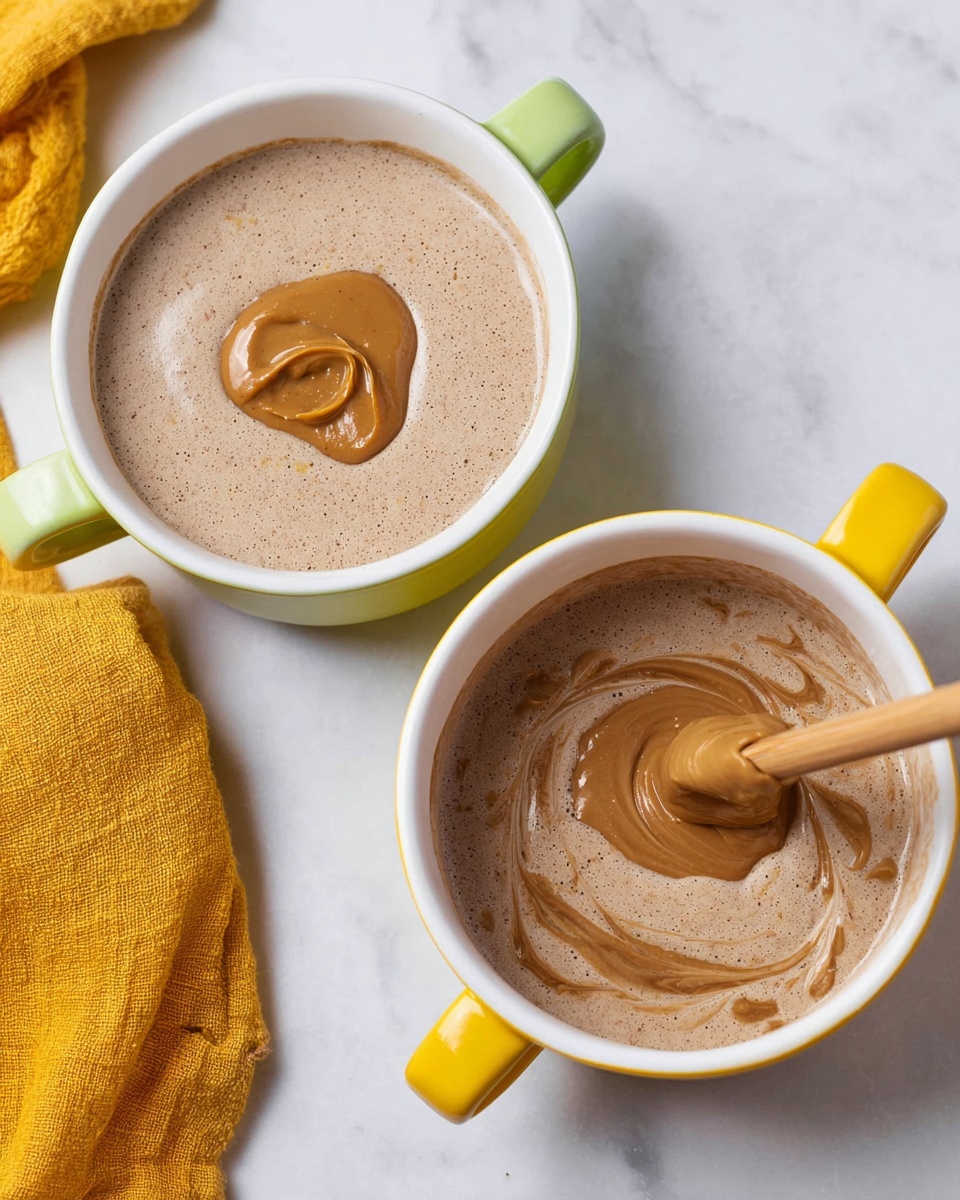 The image shows two white ceramic bowls, one with yellow handles and the other with green handles, placed on a white marbled surface. Each bowl is filled with a light brown creamy mixture with a smooth texture. In the middle of each mixture, there is a dollop of peanut butter with a shiny, thick consistency. On the right side, a close-up shows the yellow-handled bowl with the peanut butter being stirred into the creamy mixture using a thin wooden stick, creating swirling patterns of light and dark brown. A mustard yellow cloth is partially visible on the bottom left edge of the image. photo taken with an iphone --ar 4:5 --v 7