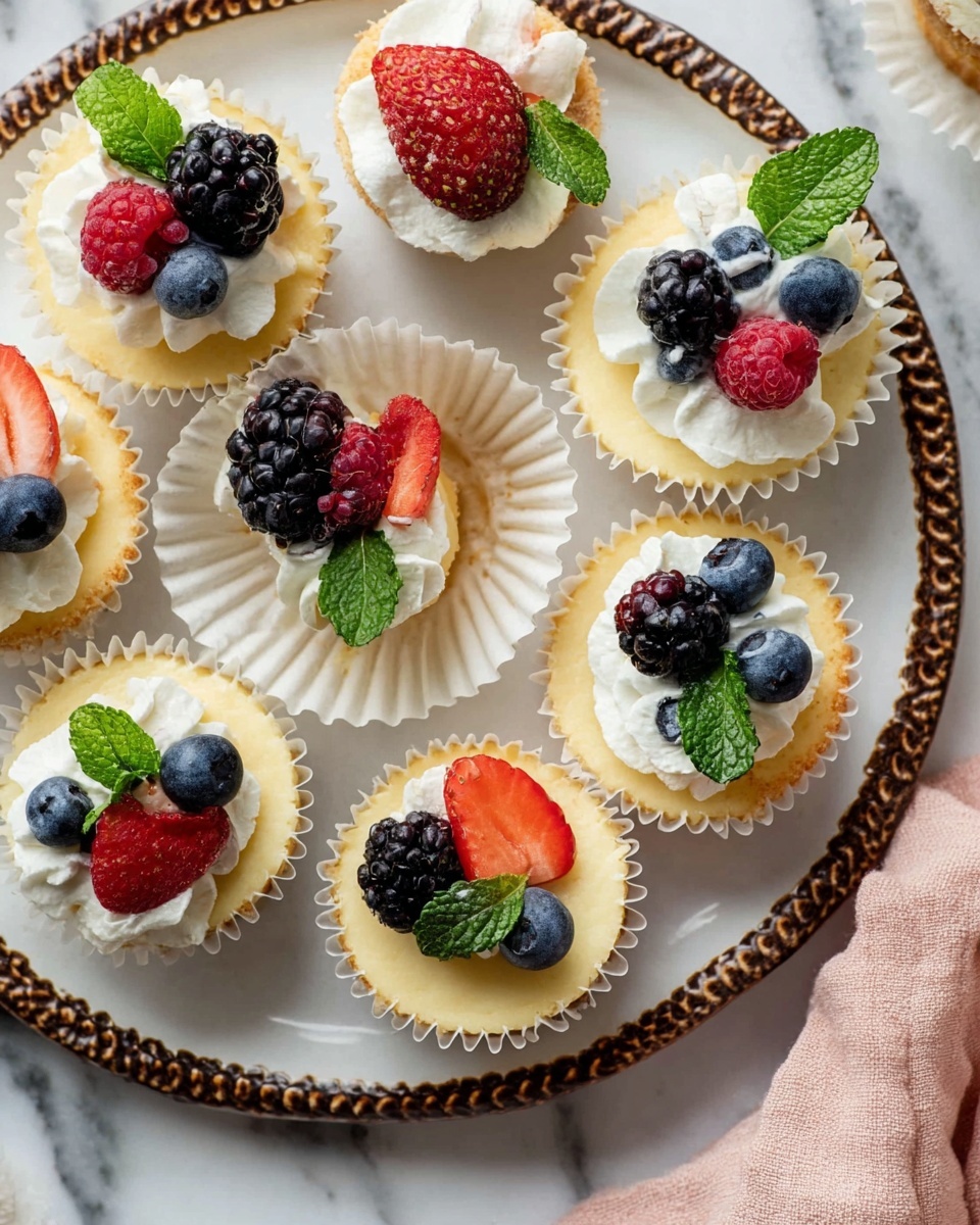 Several small cheesecakes are arranged on a white plate with a brown decorative edge, placed on a white marbled surface. Each cheesecake has three layers: a yellow cake base, a creamy white whipped topping, and fresh berries on top including blueberries, blackberries, raspberries, and strawberries. Small green mint leaves add a fresh touch to each dessert. One cheesecake has its white baking cup slightly peeled back, showing the soft texture beneath. A soft pink cloth is partially visible near the top right corner. photo taken with an iphone --ar 4:5 --v 7