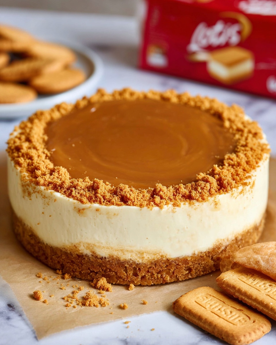 A round dessert with three distinct layers is shown resting on light brown paper over a white marbled surface. The bottom layer is a thick, crumbly golden brown crust. Above it, a thick, smooth, creamy off-white layer sits evenly. The top layer is a shiny light brown spread that covers most of the surface, with a ring of crumbly golden crumbs around its edge. To the right of the dessert, there are a few rectangular textured cookies with the word