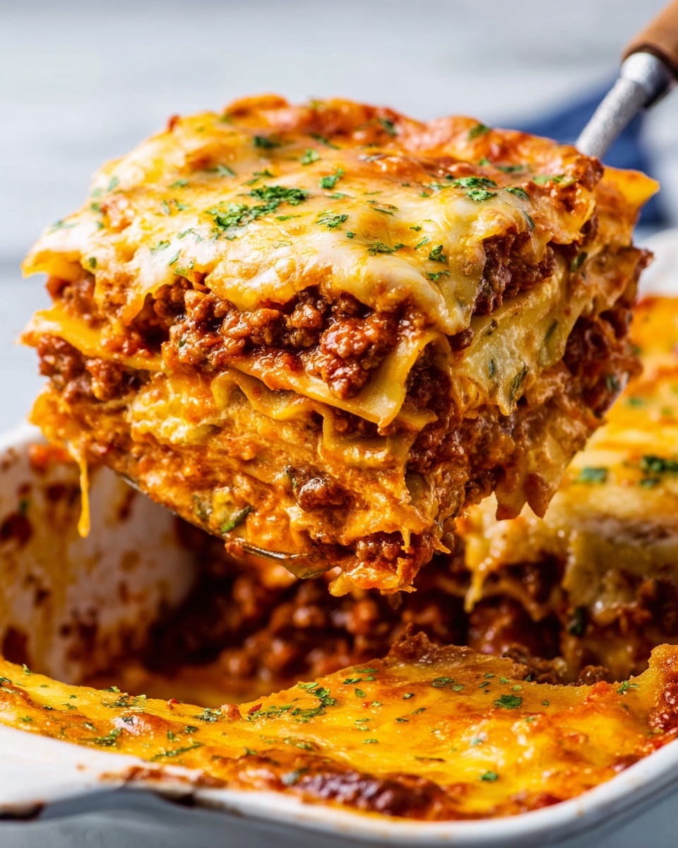 A close-up of a piece of lasagna being lifted from a white dish, showing multiple thick layers. The bottom layer is a meaty sauce with ground beef and small vegetable pieces in a rich red color. Above it, there is a layer of creamy cheese, melting and stretching slightly as it is lifted. The top layer is golden brown melted cheese with a slightly crispy texture, sprinkled with small green herbs. The white marbled surface is visible around the edge of the dish, and a woman's hand holding the spatula is seen lifting the food. photo taken with an iphone --ar 4:5 --v 7