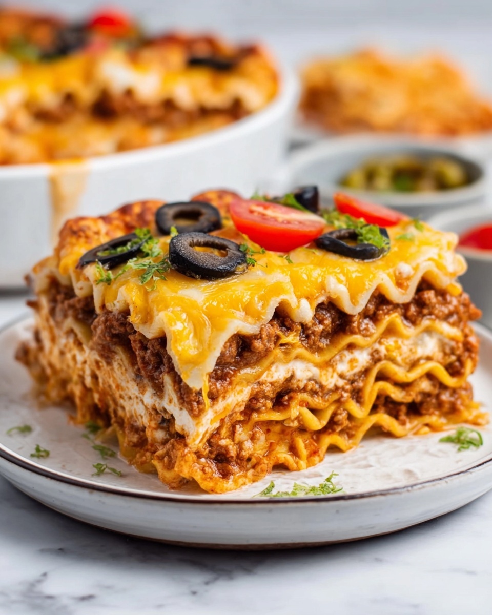 A slice of lasagna sits on a white plate with a white marbled surface beneath. The lasagna has four visible layers of pasta with a rich brown meat sauce and melted cheese in between each layer. The top layer has melted golden-yellow cheese with a slight shine, decorated with small red tomato pieces, black olive slices, and green herbs. The edges of the pasta show a soft texture with a slight crispiness. In the background, a larger portion of lasagna is partially visible on the same white plate. Photo taken with an iphone --ar 4:5 --v 7