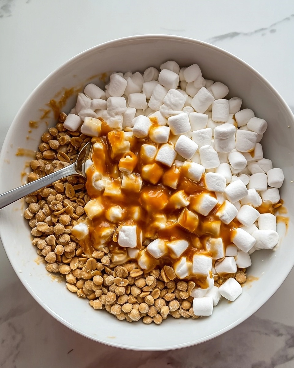 The image shows a white bowl filled with three visible layers of ingredients. The bottom layer consists of small, round peanuts with a light brown color and rough texture. The middle layer is made up of many small white marshmallows, covering most of the peanuts partially. On top there is a drizzle of thick, smooth caramel sauce with a glossy orange shade, some of which is sitting on the marshmallows. A metal spoon is inserted into the mixture on the left side of the bowl. The bowl rests on a white marbled surface. Photo taken with an iphone --ar 4:5 --v 7