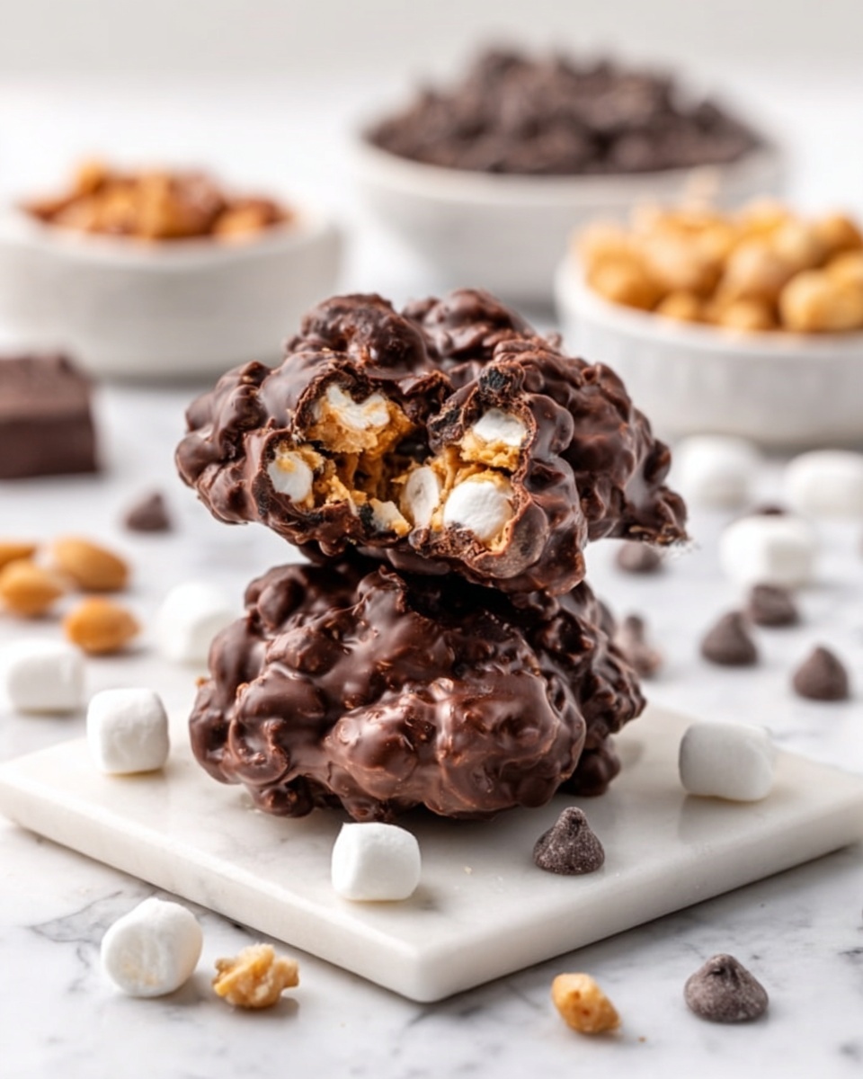 The image shows a stack of two chocolate marshmallow clusters on a small white square plate on a white marbled surface. The clusters are covered in shiny dark chocolate with a rough texture revealing pieces of marshmallow and peanut butter inside. Around the plate are small white marshmallows, chocolate chips, and peanuts. The background is softly blurred white with bowls of chocolate chips and peanuts in different shades of brown. Photo taken with an iphone --ar 4:5 --v 7