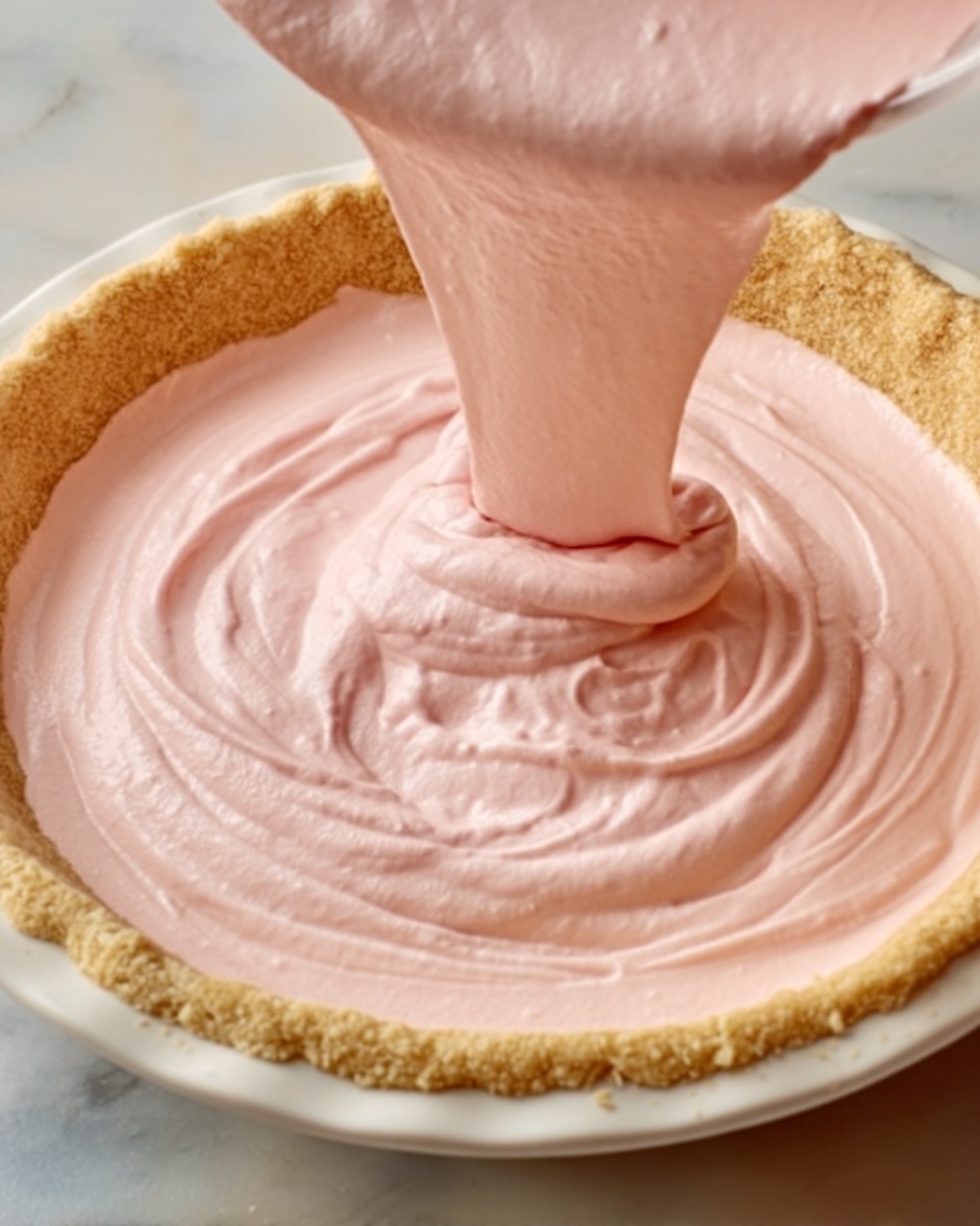 A white round pie crust with a thick, smooth, light pink creamy filling being poured or spread inside. The filling surface has swirls and soft waves of texture. The pie crust is thick and crumbly, framed by a white marbled texture background. The scene focuses on the partially filled pie with no other items in view. Photo taken with an iphone --ar 4:5 --v 7