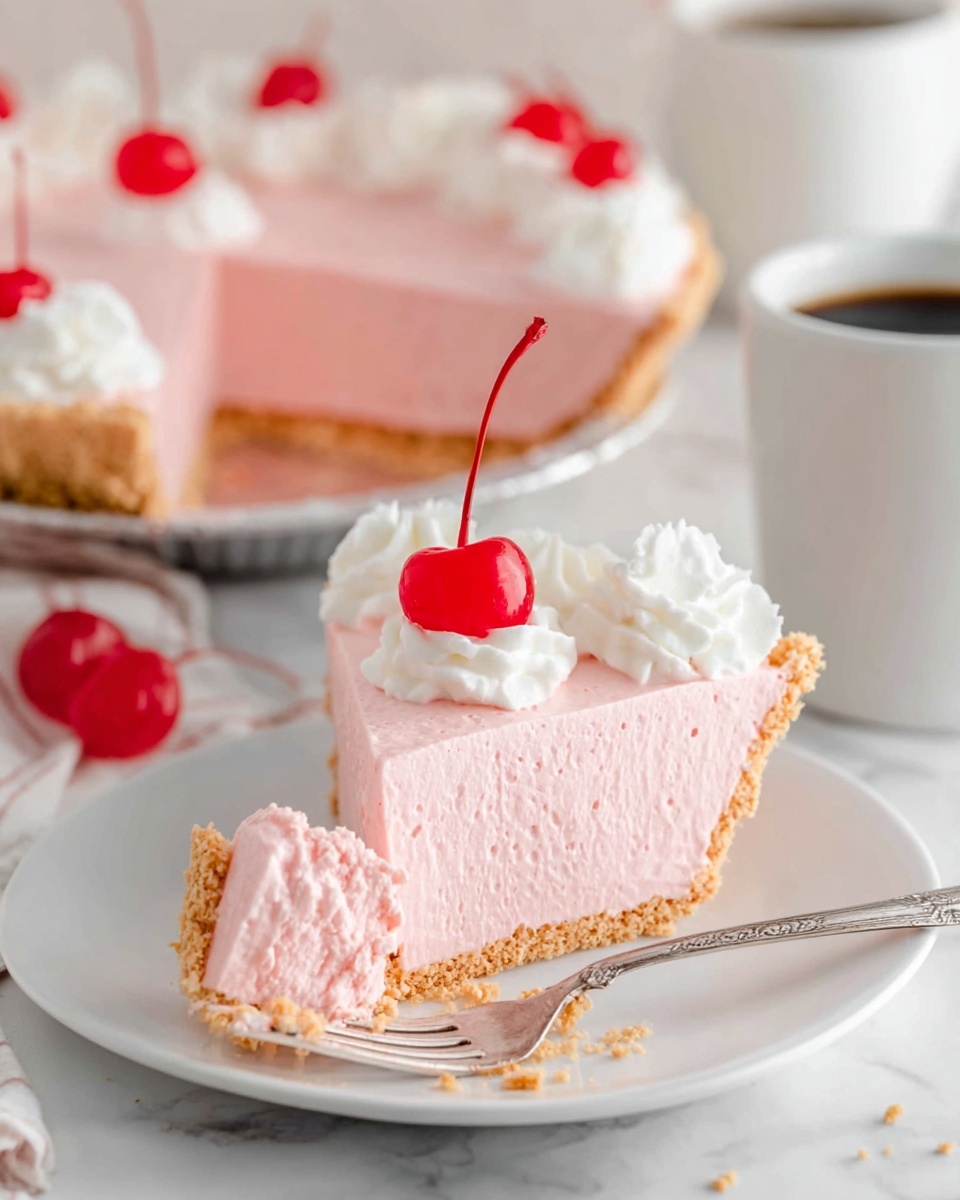 A slice of soft pink mousse pie with a crumbly golden crust sits on a white plate, topped with two dollops of white whipped cream and a bright red cherry with a long stem at the center. A small piece of the pie is on a fork beside the slice, showing its smooth, airy texture. Crumbs scatter on the plate around the slice. In the background, there’s a full pie with the same pink mousse, white whipped cream decorations, and red cherries on a white marbled surface, along with a white cup of dark coffee. Photo taken with an iphone --ar 4:5 --v 7