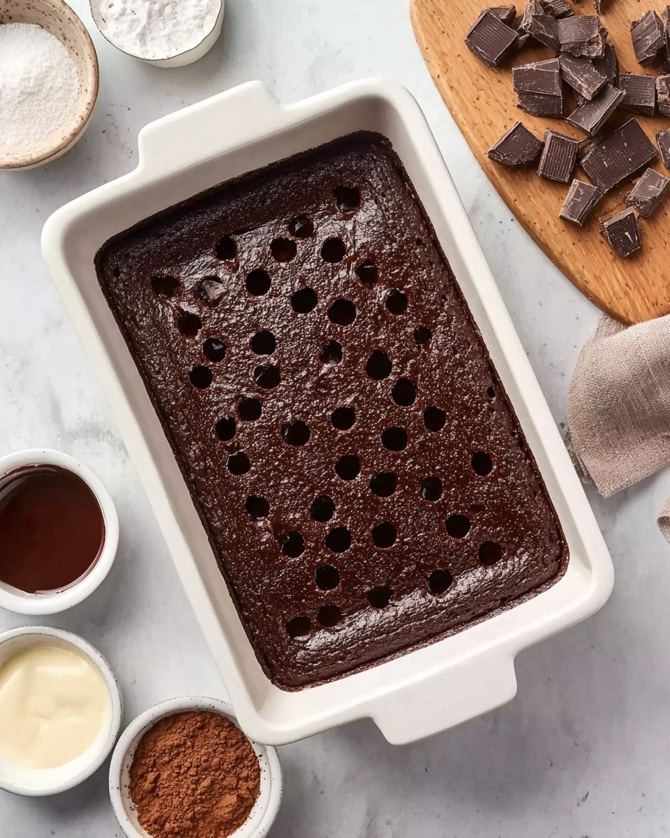 A rectangular white ceramic baking dish holds a single layer of dark brown chocolate cake with a slightly shiny, moist surface. The top of the cake is evenly dotted with small, round holes, arranged in a loose grid pattern. Around the dish are small bowls and plates sitting on a white marbled surface: a bowl with white powder, a bowl with dark chocolate sauce, a small bowl with light cream, a bowl with brown cocoa powder, and a wooden board with chocolate chunks and shavings. The scene has a clean and simple look, with no extra decoration, photo taken with an iphone --ar 4:5 --v 7