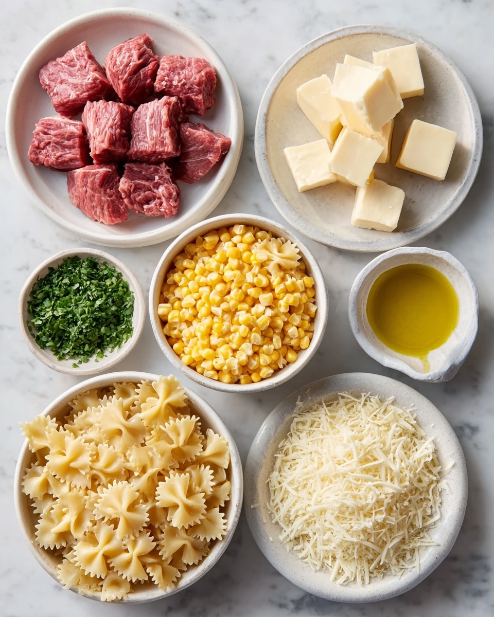 The image shows six white bowls and plates arranged on a white marble surface, each holding a different ingredient. Starting from the top left, one white plate holds raw reddish beef cubes with visible texture. To its right is a small white bowl filled with clear golden olive oil. Below that is another white bowl with finely chopped bright green herbs. Next is a white bowl full of small, round, shiny yellow corn kernels. Below the corn is a white plate with three blocks of pale yellow cheese. To the left of the cheese is a white bowl filled with uncooked bowtie pasta, each piece showing a light golden color with some texture on its surface. Finally, in the bottom left corner, there is a white bowl filled with grated pale cheese, giving a soft, fluffy look. photo taken with an iphone --ar 4:5 --v 7