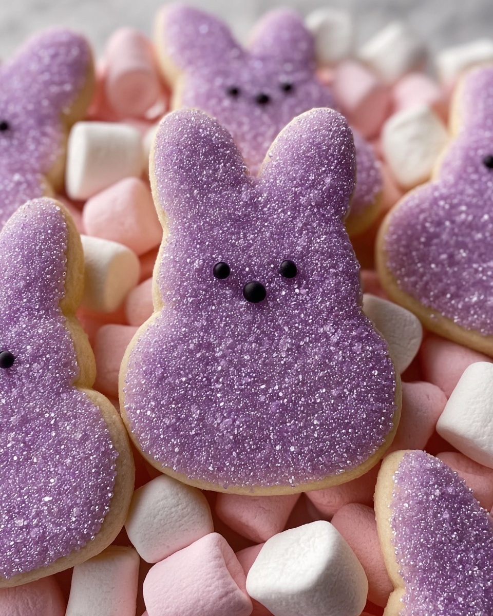 The image shows a close-up of bunny-shaped sugar cookies covered with a light purple sugary coating that sparkles and has a rough texture. Each cookie has two small round black eyes and a nose made from smooth icing. The cookies are layered on a bed of soft marshmallows that are mostly pink and white in color, creating a soft and fluffy background. The whole scene rests on a white marbled surface. photo taken with an iphone --ar 4:5 --v 7