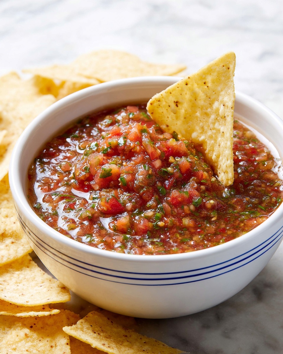 A white bowl with a thin blue stitched line near the top edge is filled to the brim with chunky salsa that has a mix of red, green, and orange bits, showing herbs and small vegetable pieces in a watery base. A single triangular tortilla chip, pale yellow with some brown speckles, is dipped into the salsa standing upright in the middle. In the background, more tortilla chips lay scattered on a white marbled surface. The photo taken with an iphone --ar 4:5 --v 7