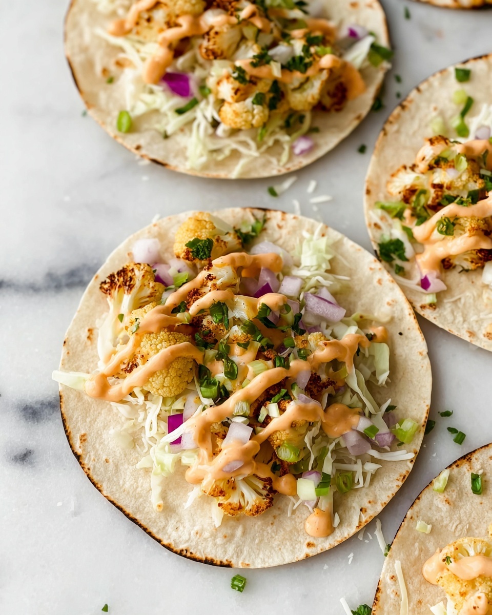 The image shows multiple soft tortillas laid flat on a white marbled surface. Each tortilla has three main layers: the bottom layer is finely shredded white cabbage spread evenly, the middle layer consists of small, golden-brown roasted cauliflower pieces, and the top layer features a drizzle of light orange creamy sauce with small diced red onions and green bell peppers scattered around. Some finely chopped fresh green herbs are sprinkled on top, adding a touch of color. A little bit of shredded white cheese is also visible across the layers, creating a fresh and textured look. The scene is bright and clean, showing the natural colors of the ingredients clearly. photo taken with an iphone --ar 4:5 --v 7