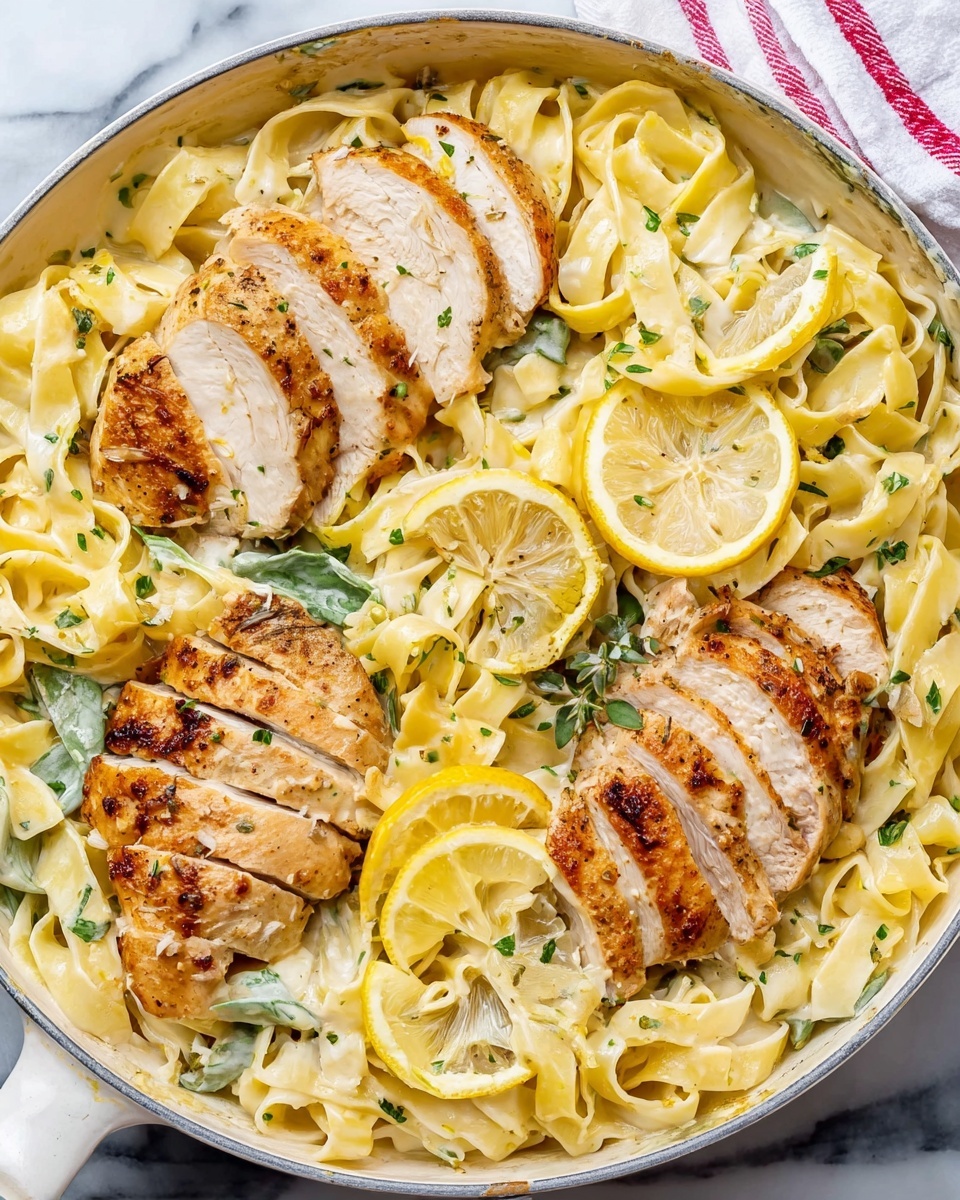 A white pan filled with several layers of wide, light yellow pasta noodles forming the base. On top, there are three large, sliced pieces of golden-brown cooked chicken arranged in a slightly curved line across the pan, each piece showing juicy, tender white meat inside. Scattered between the chicken slices are thin, round lemon slices adding bright yellow accents. There are small bits of green herbs sprinkled on the pasta, giving fresh green spots, and some creamy, light sauce coating the noodles, making them look smooth and shiny. The background is a white marbled surface with a white and red striped cloth partially visible at the top right. Photo taken with an iphone --ar 4:5 --v 7