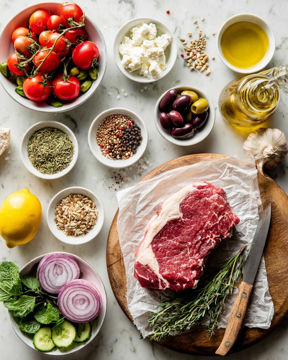 The image shows a fresh raw steak with white marbled fat on a sheet of parchment paper, placed on a wooden round board beside green herbs with flat leaves. Around it, various small white bowls hold different ingredients: dark and pink olives, green herbs, crumbled white cheese, assorted peppercorns, coarse salt, a light brown spice, olive oil, and a mixture of seeds and grains. To the left, there is a white bowl with red cherry tomatoes and green cucumbers, a whole lemon, a halved red onion, two garlic cloves, and a small glass container with golden olive oil. A knife with a wooden handle rests leaning on the board. The surface is a white marbled texture. Photo taken with an iphone --ar 4:5 --v 7