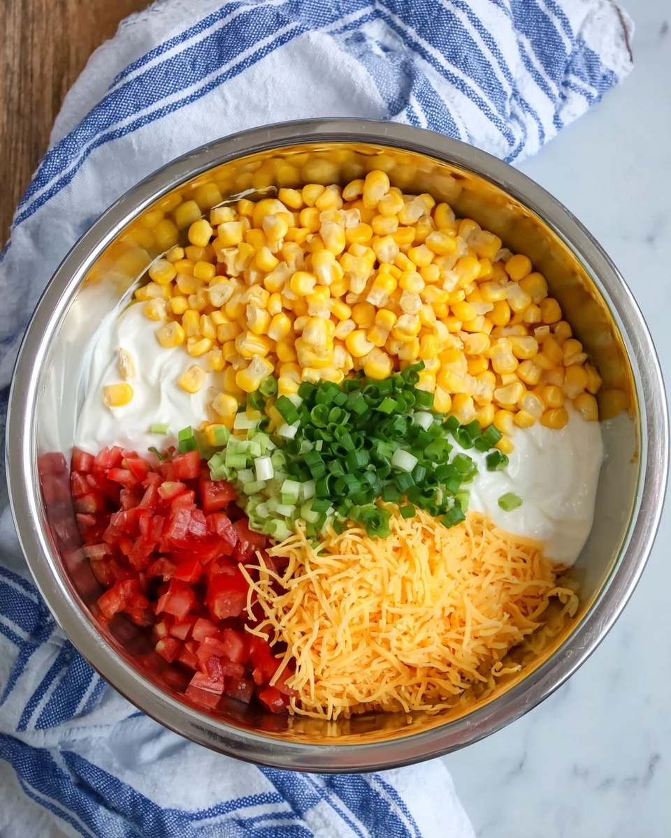 A silver mixing bowl on a white marbled surface holds five layers of ingredients divided into sections: bright yellow corn kernels at the top, creamy white sour cream on both sides below the corn, finely chopped green onions in the middle, shredded orange cheddar cheese below the green onions, and small diced red tomatoes at the bottom. A blue and white striped cloth is softly placed beside the bowl. Photo taken with an iphone --ar 4:5 --v 7