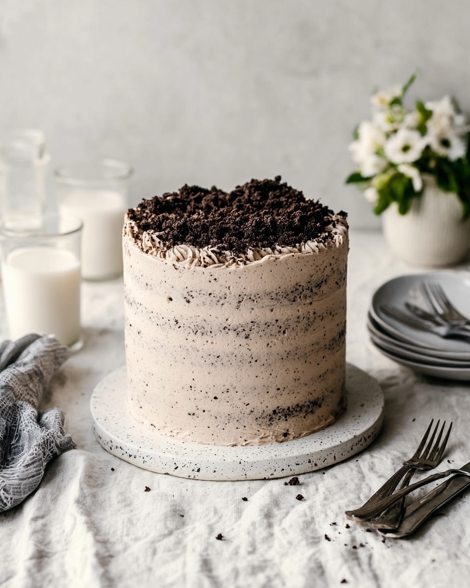 A tall, round cake with two visible layers is covered in light beige frosting that has small dark specks throughout. The top of the cake is decorated with a thick, uneven layer of dark chocolate crumbles, mostly on one side. The cake sits on a white speckled round cake board, placed on a white marbled textured cloth. In the background, there are glasses of milk, a small white flower arrangement, a folded gray cloth, and a stack of white speckled plates with metal forks on top on the right side. Photo taken with an iphone --ar 4:5 --v 7