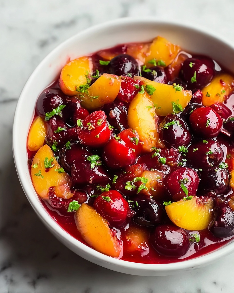 A white bowl filled with a colorful fruit mix sits on a white marbled surface. The dish has two main layers: the bottom layer is a glossy red sauce with visible chunks, and the top layer is made of shiny dark red cherries and bright yellow peach slices, mixed evenly. Small bits of green herbs are sprinkled across the fruit, adding hints of green color. The fruit pieces look fresh and juicy, with a shiny and wet texture. Photo taken with an iphone --ar 4:5 --v 7