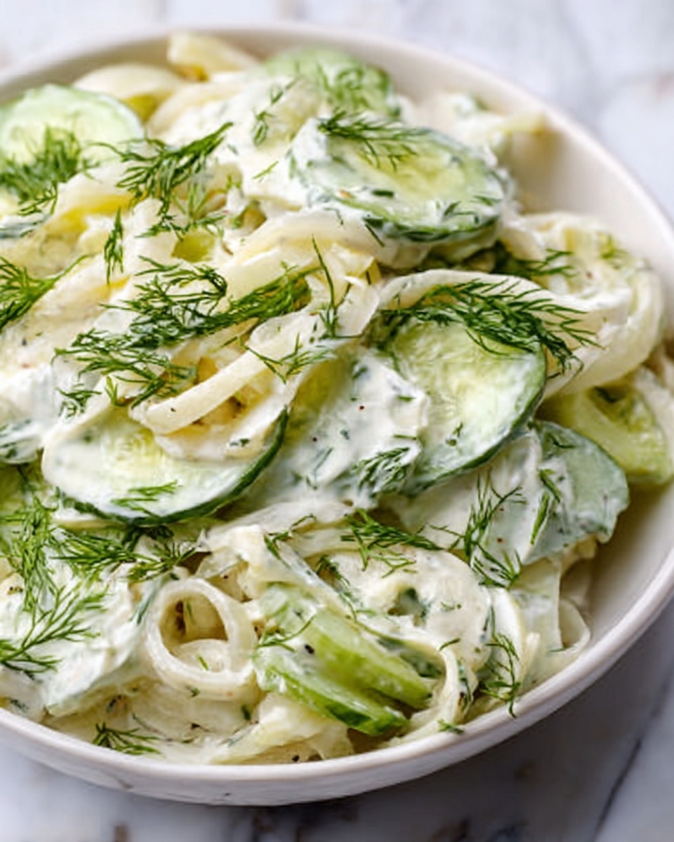 The image shows a close-up of a fresh salad in a white bowl placed on a white marbled surface. The salad has thinly sliced pale yellow onions forming a soft, curly layer, mixed with light green cucumber slices that have a smooth and slightly shiny texture. Fresh green dill sprigs are sprinkled on top, adding a touch of fine texture and deeper green color to the salad. The salad appears creamy with a white dressing that coats the vegetables lightly, giving a soft and smooth look to the mix. The photo is taken with an iphone --ar 4:5 --v 7