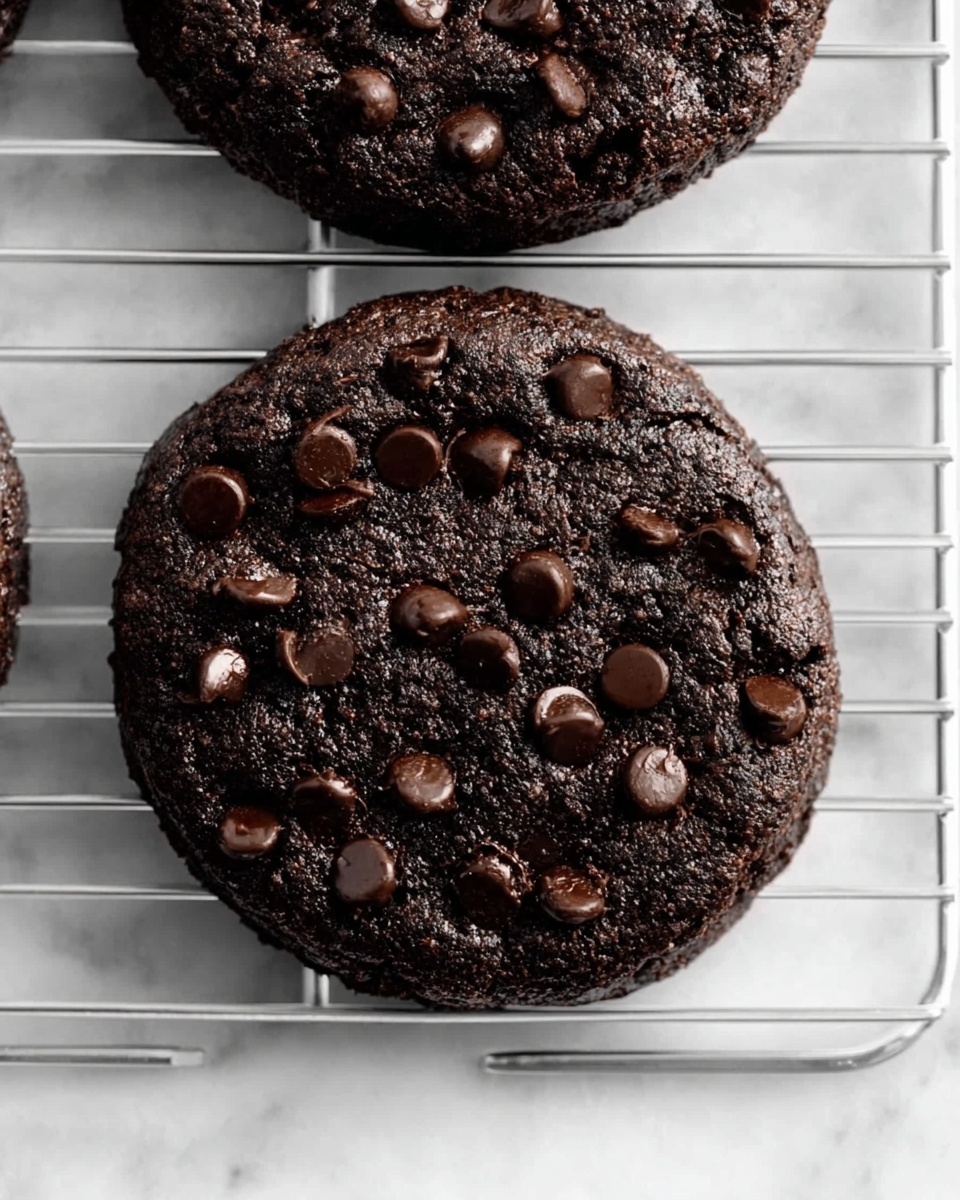 The image shows two dark chocolate cookies on a metal rack over a white marbled surface. Each cookie is round, thick, and very dark brown, almost black, with many small shiny chocolate chips spread evenly on top. The texture of the cookies looks soft and slightly crumbly. The metal rack contrasts with the white marbled background, making the cookies stand out clearly. photo taken with an iphone --ar 4:5 --v 7