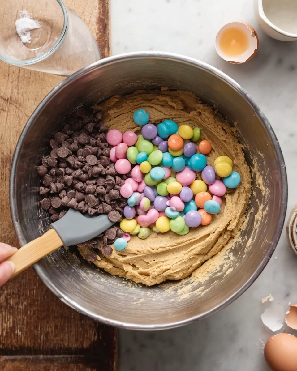 A metal mixing bowl contains cookie dough with a thick, creamy light brown texture at the bottom. On top of the dough, there is a pile of small glossy dark brown chocolate chips on the left side and colorful candy-coated chocolate pieces in pastel shades of yellow, pink, green, orange, purple, and blue scattered in the middle and right side. A wooden spoon with a gray silicone tip is partially submerged in the dough on the left edge of the bowl. A woman's hand is pouring the colorful candies from a small clear glass bowl into the mixing bowl. The bowl is placed on a white marbled textured surface, with a cracked egg shell in the background near a white cup and spoon. Photo taken with an iphone --ar 4:5 --v 7