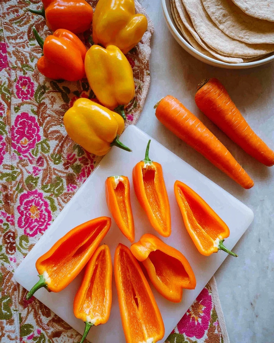 The image shows a white cutting board on a white marbled surface, with several orange mini peppers halved and hollowed out, their smooth, shiny inner walls visible. Above the cutting board, there is a cluster of whole orange and yellow mini peppers with green stems, and to the right, three whole orange carrots lie side by side. A white bowl filled with light brown pita bread rests on the patterned tablecloth covered with pink, orange, green, and brown floral designs, creating a bright and colorful kitchen scene. photo taken with an iphone --ar 4:5 --v 7