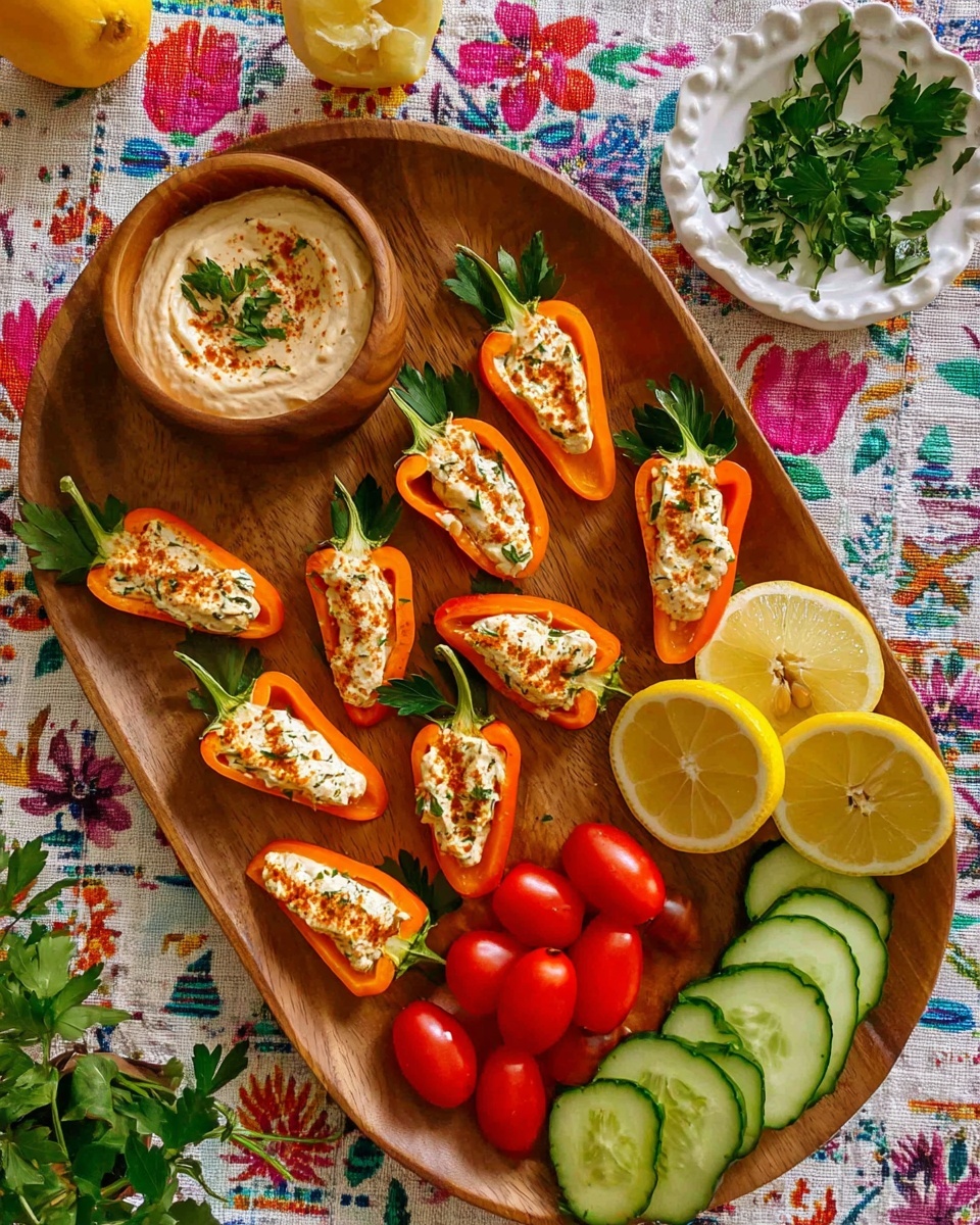 A wooden oval tray holds eleven small orange pepper halves filled with a creamy white spread, each topped with a sprinkle of herbs and spices. Fresh green parsley leaves peek out from one end of each pepper half, adding a vibrant touch. On the tray's side, there is a small wooden bowl filled with a smooth light tan dip garnished with herbs. Next to it are a group of bright red grape tomatoes and a neat row of thin cucumber slices. Three lemon wedges are placed on the opposite side of the bowl. The background is a colorful cloth with a floral design, and a small white dish with parsley and lemon wedges sits nearby on a white marbled surface. Photo taken with an iphone --ar 4:5 --v 7