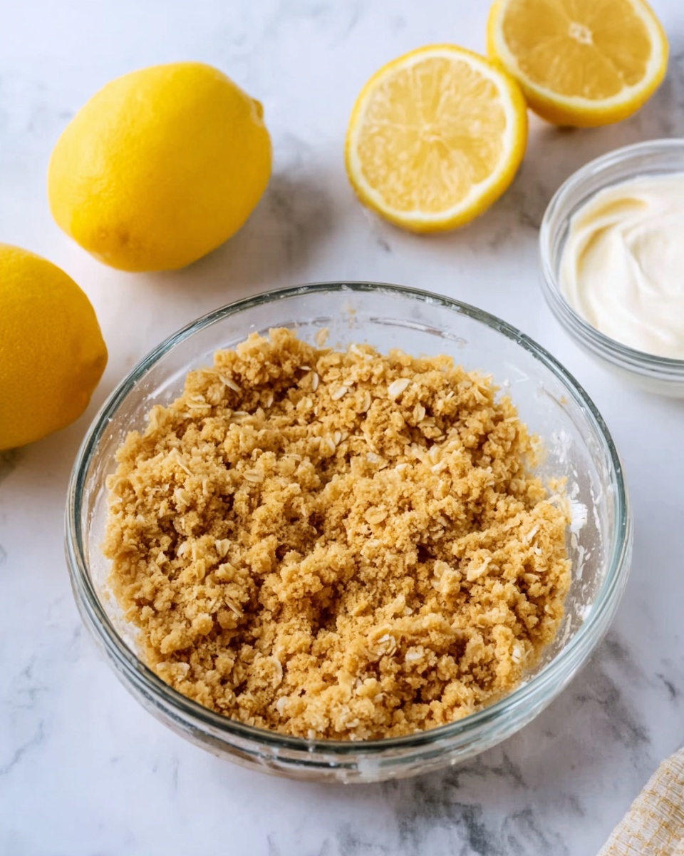 A clear round glass bowl is filled with a crumbly oat mixture that looks like a topping, with a golden brown color and coarse texture. The bowl is placed on a white marbled surface. Next to the bowl, there are two yellow lemons, one whole and one halved with its inside facing up. A small glass bowl with a white creamy substance sits nearby. Photo taken with an iphone --ar 4:5 --v 7