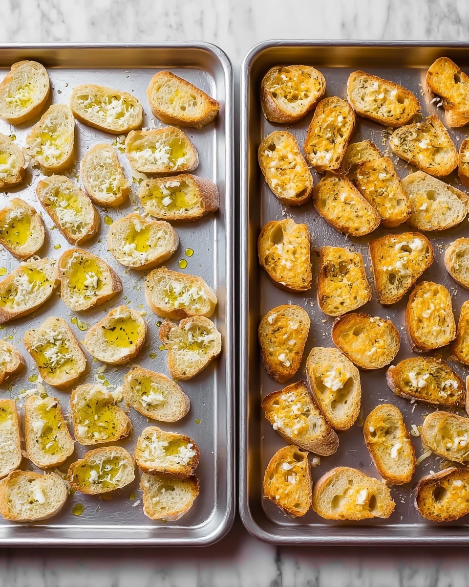The image shows two metal baking trays, each with small slices of bread spread out evenly. On the left tray, the bread slices are raw and topped with a light drizzle of yellow olive oil and small bits of white grated cheese. The bread pieces are pale with a soft texture and some are cut into different shapes. On the right tray, the same bread slices have been toasted and turned golden brown, looking crispy with melted bits of cheese on top. The trays are placed on a white marbled surface. photo taken with an iphone --ar 4:5 --v 7