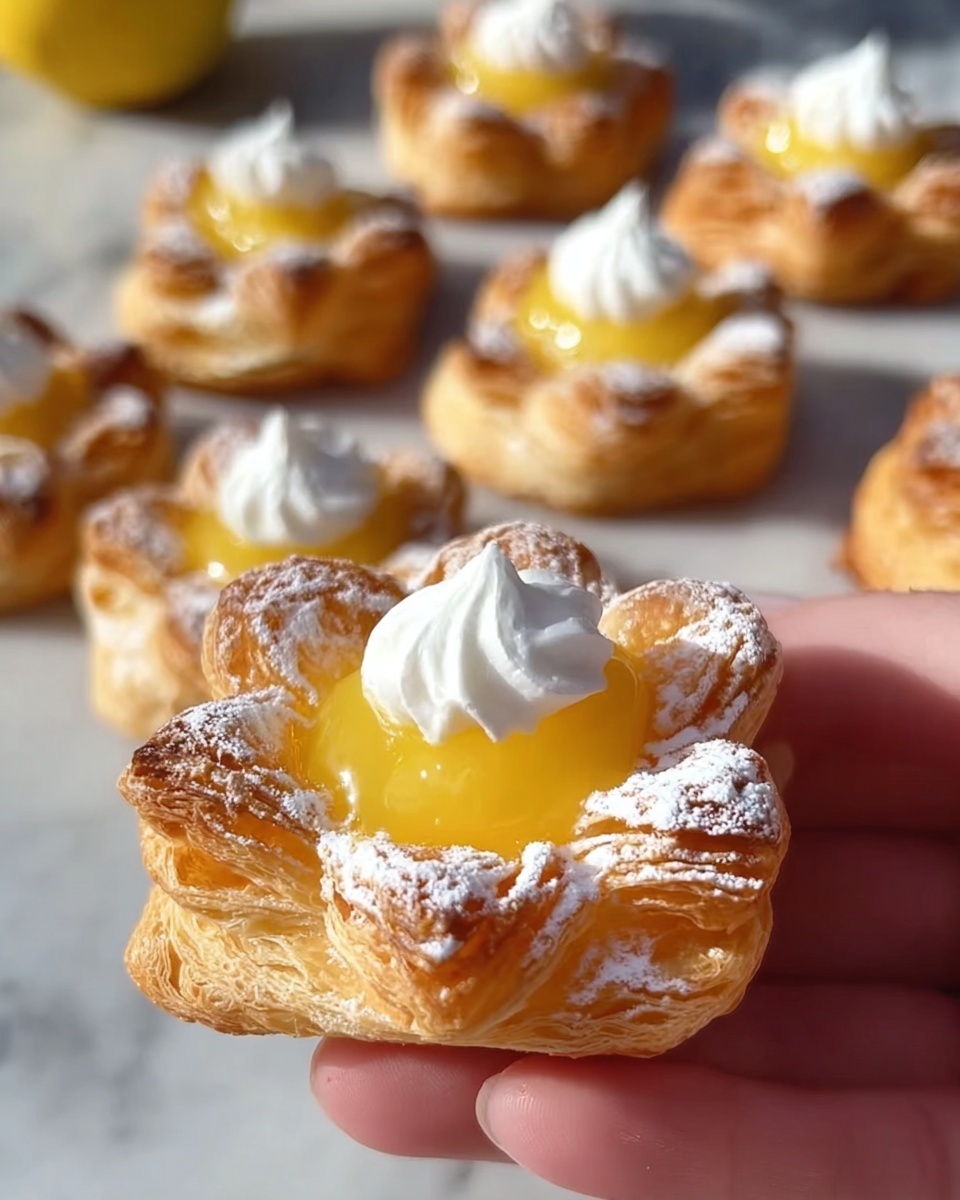 The image shows small flower-shaped pastries with golden-brown, flaky puff pastry bases filled with bright yellow lemon curd. Each pastry is topped with a small dollop of white whipped cream and lightly dusted with powdered sugar. One pastry is held in a woman's hand in the foreground, showing the clear layers of the crispy, flaky crust and the smooth, glossy lemon filling inside. The pastries are arranged in the background on a white marbled surface. Photo taken with an iphone --ar 4:5 --v 7