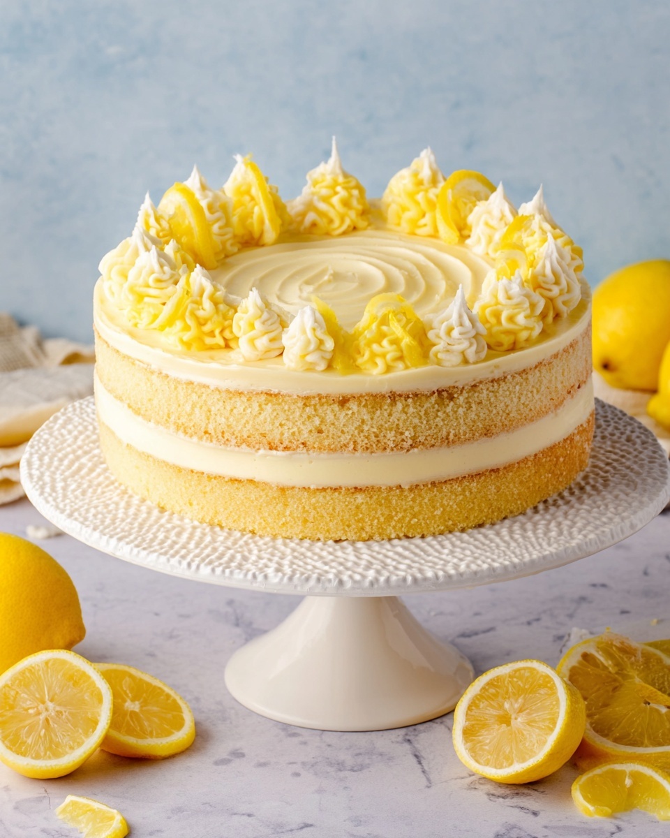 A two-layer round lemon cake sits on a white cake stand with a textured rim, placed on a white marbled table. Each cake layer is light yellow and fluffy, separated by a thin layer of smooth, pale yellow cream. The top layer is covered with the same cream that has a smooth swirl pattern in the center. Around the edge of the top, there are evenly spaced swirls of cream, brighter yellow lemon curd dollops, and small lemon wedge slices standing upright. Several whole and halved lemons are arranged casually around the stand on the white marbled table. Photo taken with an iphone --ar 4:5 --v 7