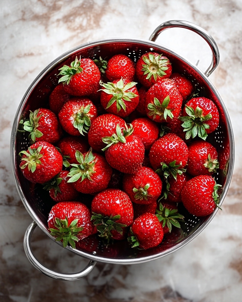 A round silver metal colander filled with many bright red strawberries with green leafy tops. The strawberries look fresh and shiny, filling the colander fully. The colander has two handles on either side and sits on a white marbled textured surface. photo taken with an iphone --ar 4:5 --v 7
