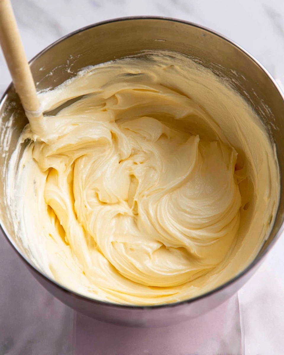 A close-up view of a metal mixing bowl filled with creamy, smooth, pale yellow batter or whipped mixture. The texture appears soft and thick with gentle swirls and peaks. A wooden utensil is partially visible on the left side, stirring or folding the mixture. The bowl is placed on a surface with a white marbled texture. photo taken with an iphone --ar 4:5 --v 7