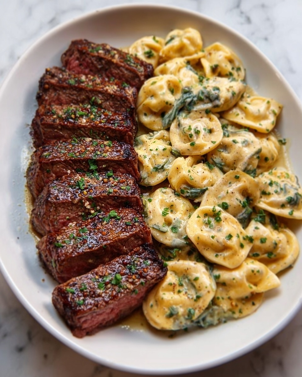 The image shows a white plate with two main parts: on the left is a sliced steak cooked to a rich brown color with a slightly charred texture, sprinkled with green herbs on top; on the right side is a creamy pasta with tortellini, coated in a light yellow sauce with visible small green spinach pieces mixed in, making the pasta look soft and rich. The plate sits on a white marbled surface. photo taken with an iphone --ar 4:5 --v 7