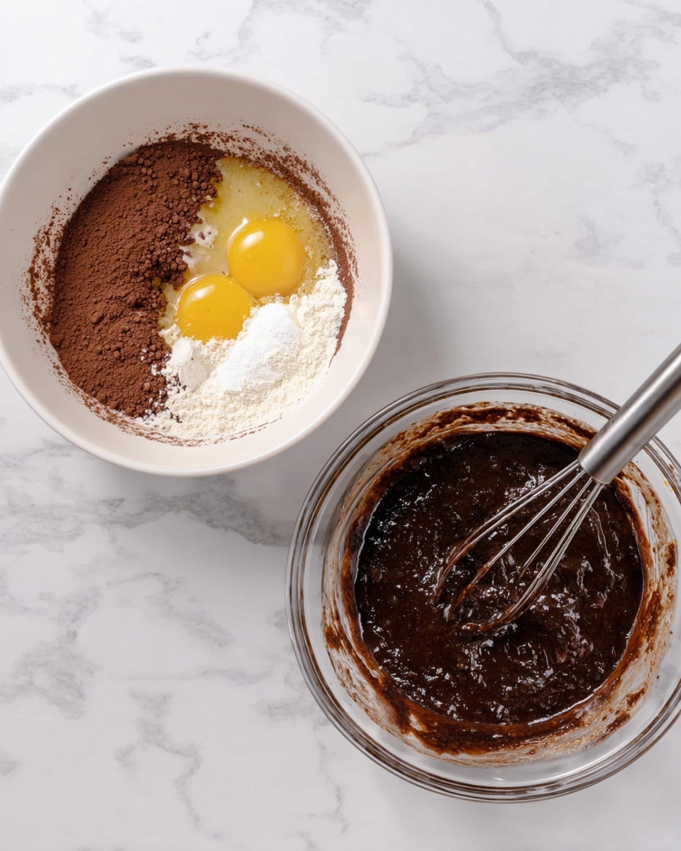 The image shows two white bowls on a white marbled surface. The left bowl contains dry chocolate powder with egg yolks, white cream, and a dark syrup, all separate before mixing. The right bowl shows the same mixture fully stirred into a thick, smooth, dark chocolate batter with a metal whisk resting inside. The texture in the right bowl looks rich and creamy. Photo taken with an iphone --ar 4:5 --v 7