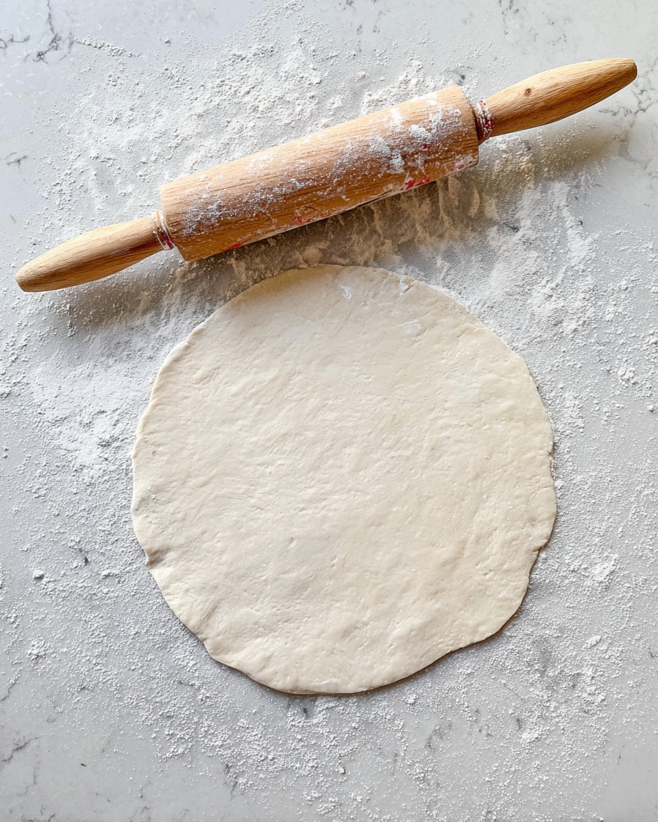 A flat piece of dough is rolled out thinly in a round shape with slightly uneven edges, resting on a white marbled surface lightly dusted with flour. Above the dough, there is a wooden rolling pin with light natural wood color and white flour marks, positioned horizontally with its handles extending to the left and right sides. The dough has a pale beige color with a soft texture and some small patches of flour scattered on top. Photo taken with an iphone --ar 4:5 --v 7