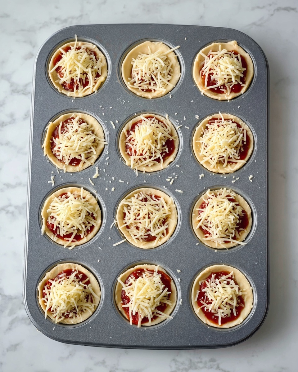 A gray muffin tin holds twelve mini pizzas, each with three layers: a light tan dough base forming a round cup shape, topped with a spread of red tomato sauce, and finished with a sprinkle of shredded pale yellow cheese that looks soft and light. The tin rests on a white marbled surface, enhancing the clean and simple presentation. photo taken with an iphone --ar 4:5 --v 7