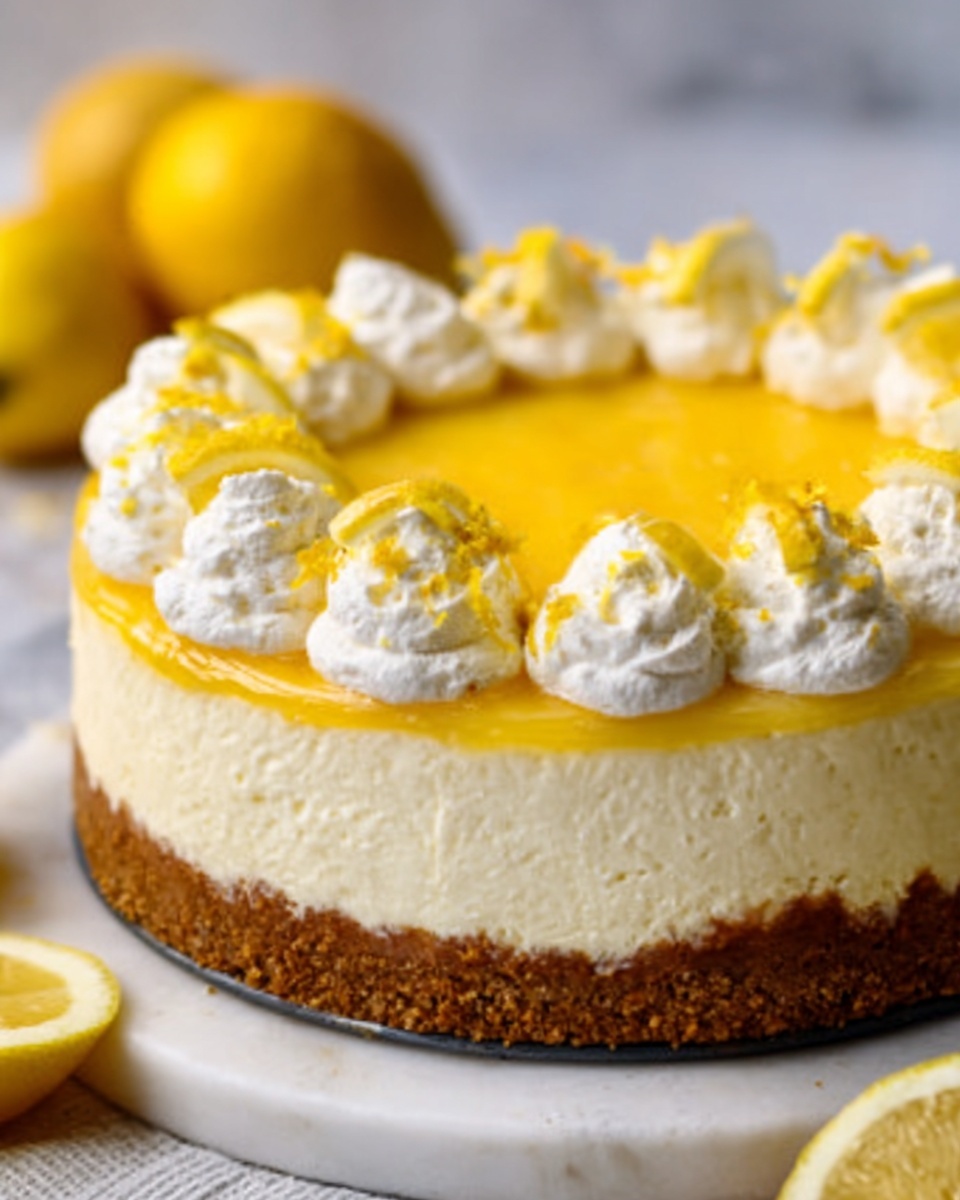 The image shows a creamy cheesecake with three visible layers placed on a white marbled surface. The bottom layer is a crumbly brown crust that looks firm. Above it is a thick, smooth off-white cheesecake filling, which takes up the most space. The top layer is a bright yellow, glossy lemon topping that is shiny and smooth. Around the edge of the cheesecake, there are many white whipped cream dollops spaced evenly. Each dollop is decorated with a thin lemon slice and some yellow zest on top. In the background, there are whole yellow lemons slightly out of focus. photo taken with an iphone --ar 4:5 --v 7
