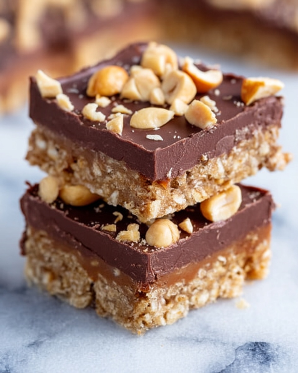 The image shows two stacked snack bars on a white marbled surface. Each bar has three layers: the bottom layer is a light brown, crispy mix of oats and nuts with a rough texture; the middle layer is thin and almost invisible, blending the bottom and top layers; the top layer is thick, dark brown chocolate, smooth and shiny. Scattered on the chocolate are whole and chopped light brown nuts, adding texture and contrast. The bars are cut into squares with clean edges. Photo taken with an iphone --ar 4:5 --v 7