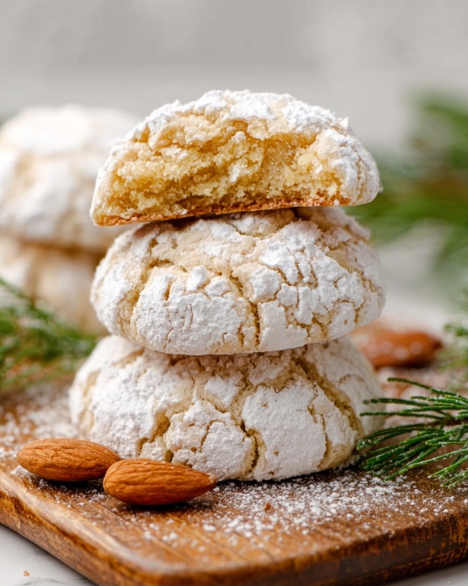 The image shows three soft cookies stacked on a wooden board with a white marbled background. The cookies are light brown with a cracked surface covered in white powdered sugar, giving them a rough and crinkled texture. The top cookie is broken in half, revealing a dense, moist inside that is a warm golden color. There are small almonds placed near the stack and some green pine branches at the bottom right corner, adding a natural touch. Photo taken with an iphone --ar 4:5 --v 7